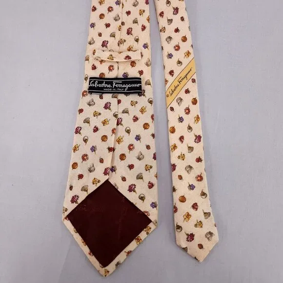 Salvatore Ferragamo Mens Silk Linen Necktie Designer Tie Beige Flowers Ladybug - Picture 5 of 10